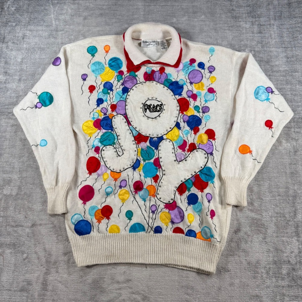Bonnie Boerer Sweater Womens Large White Vintage 1989 JOY Balloon Party Knit